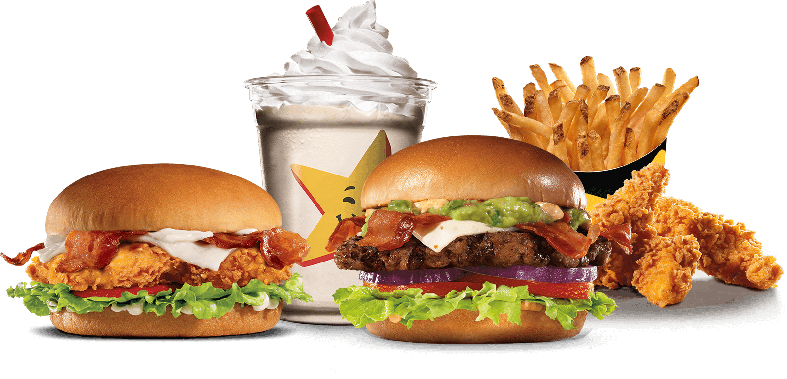 Best-In-Class menu featuring our Star Burgers lineup; premium 100% Angus Beef Thickburgers; Hand-Scooped Real Ice Cream Shakes; and Hand-Breaded Chicken Tenders